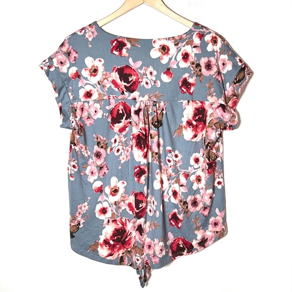 Faith and Joy super soft v-neck gray pink floral top shirt blouse medium M B192 - Picture 4 of 4